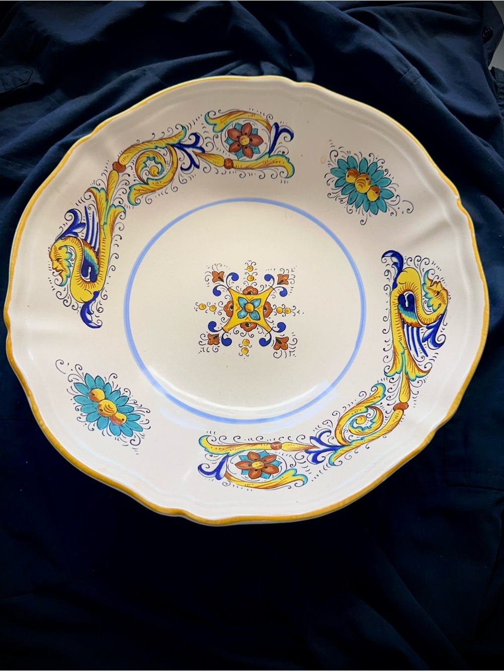 2 Italian Hand-Painted Ceramic Serving Platters in White with Blue Yellow Motif